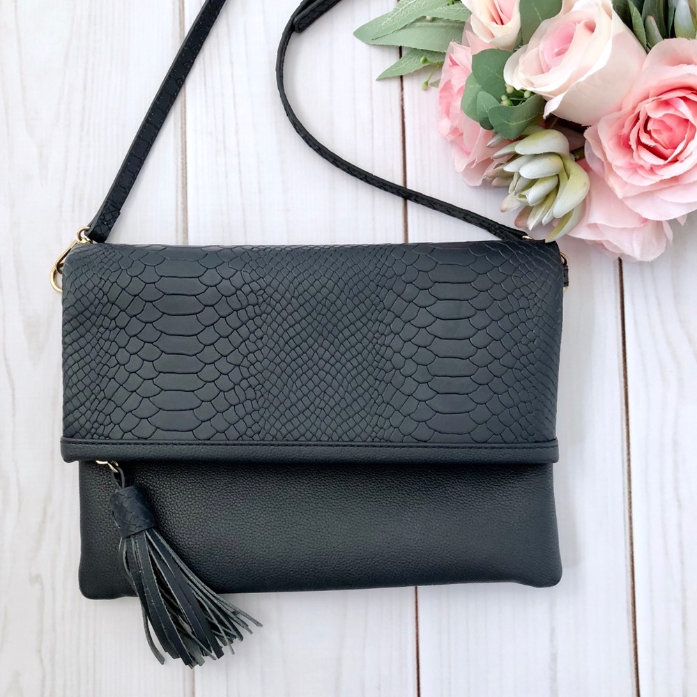 Navy Snakeskin Fold Over Crossbody Bag